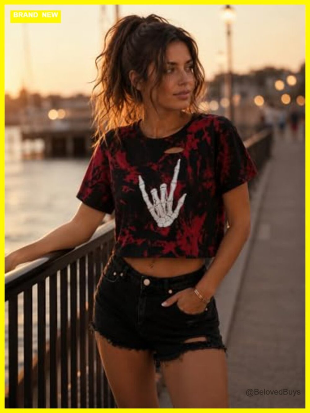 Graphic Crop Top Short Sleeve Tie Dye Cut Out T Shirt Casual Loose Fit Summer - Picture 5 of 5